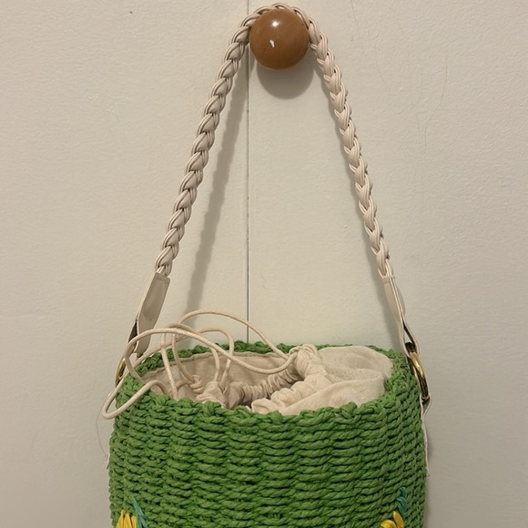 Anthropologie By Anthropologie Raffia Straw Lemon Fruit Bucket Bag Green NWT - Picture 4 of 12